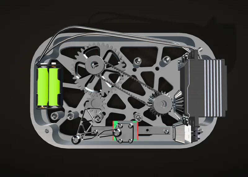 The layout from above, with the lid, top frame and logo hidden: servo at the right, battery holder at the left, the belt and the gears between them, and the rail and keycap along the front